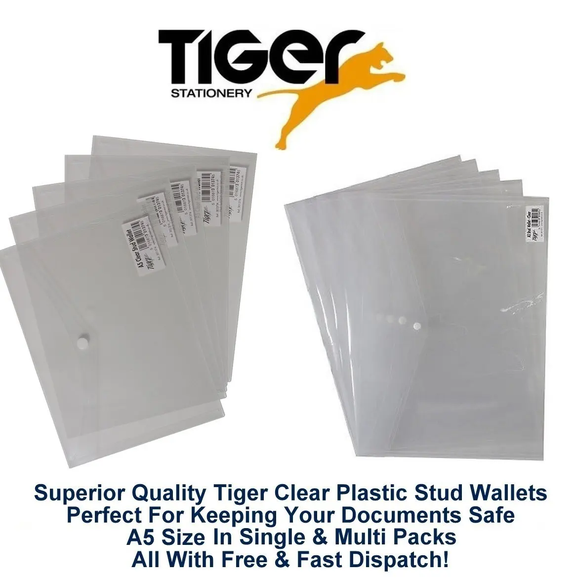 4 x A4 Clear Plastic Document Button Press Stud Wallets Supreme Stationery