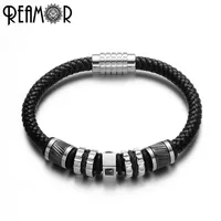 

REAMOR Luxury Men Cuff Bracelet Jewelry Stainless Steel Black CZ Beads Bracelet Genuine Leather Bracelet Magnetic Clasp Bangles