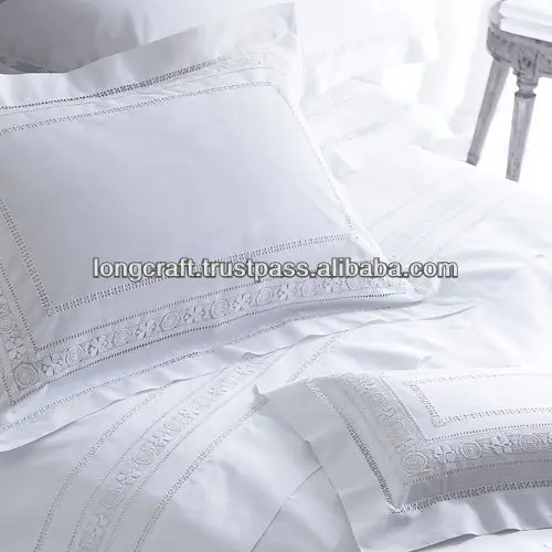 Hemstitch and hand embroidered white cotton bedding set