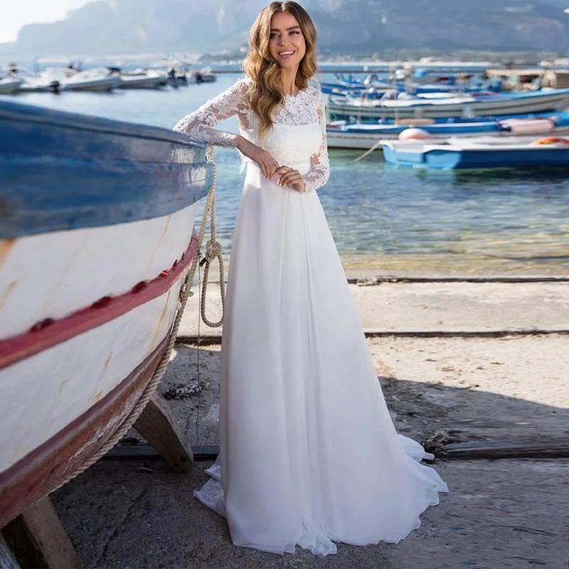 

Tradition Women Chiffon Party Long Sleeve Wedding Dress, White