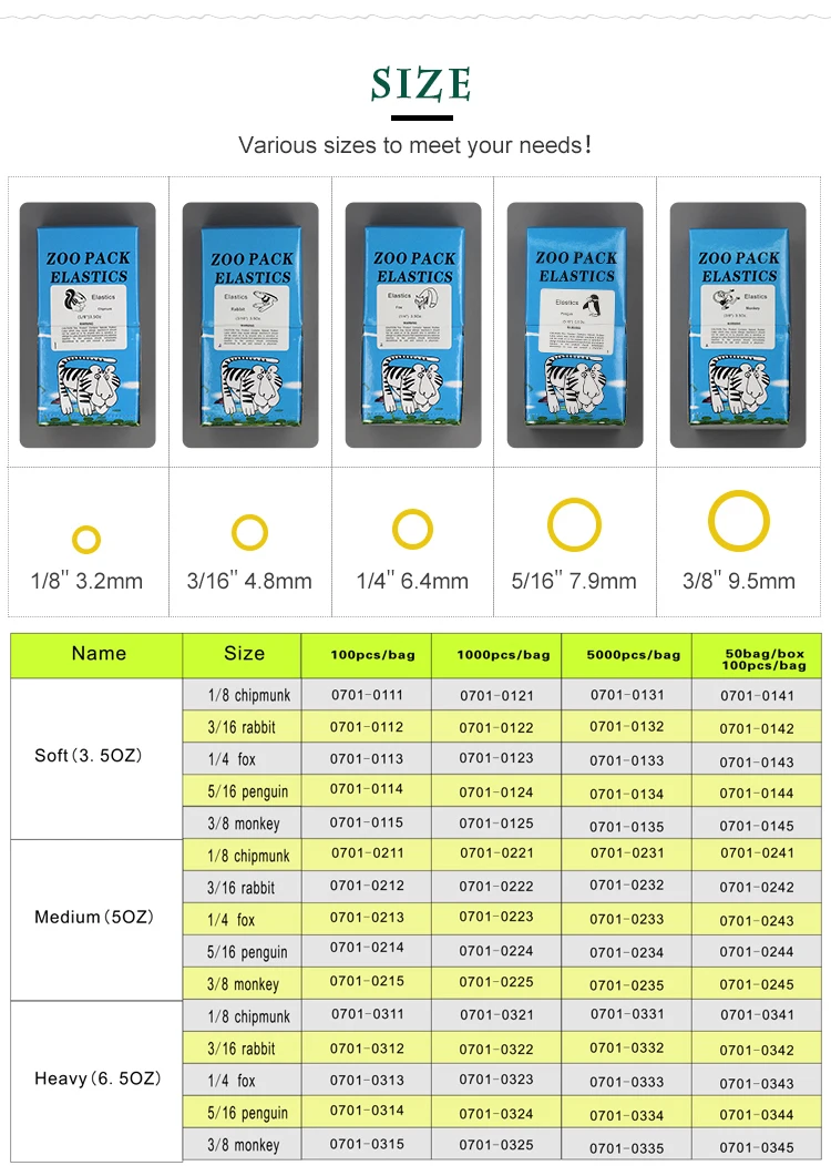 Dental Orthodontic Elastic Rubber Band 3/8" Monkey Light Medium Heavy