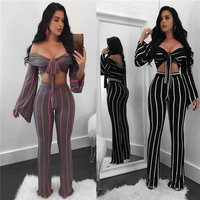 

2018 summer wide leg pants striped off shoulder sexy women jumpsuits