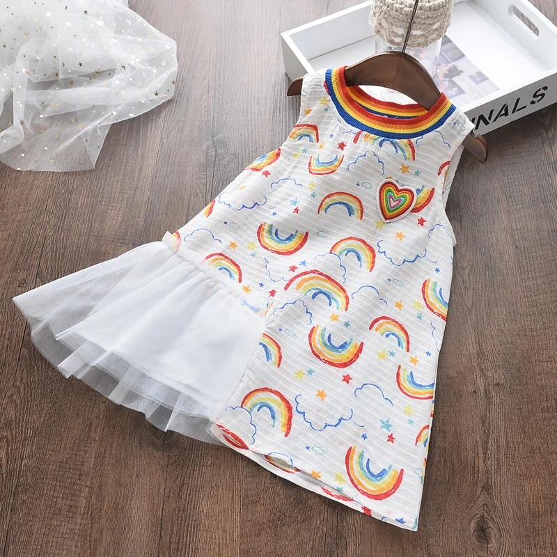 

summer girl rainbow dress patchwork tulle fashion ruffles boutiques children clothes bulk lots cotton baby frock xyz19533