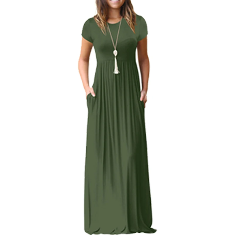 Hot Selling Women's Short Sleeve Loose Plain Maxi Dresses Casual Long Dresses with Pockets 2020 New