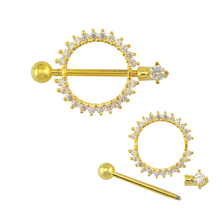 

Barbell Type Crystal Gold Circle Nipple Ring Body Jewelry Nipple Piercing, Color as the pictures or as your requirement