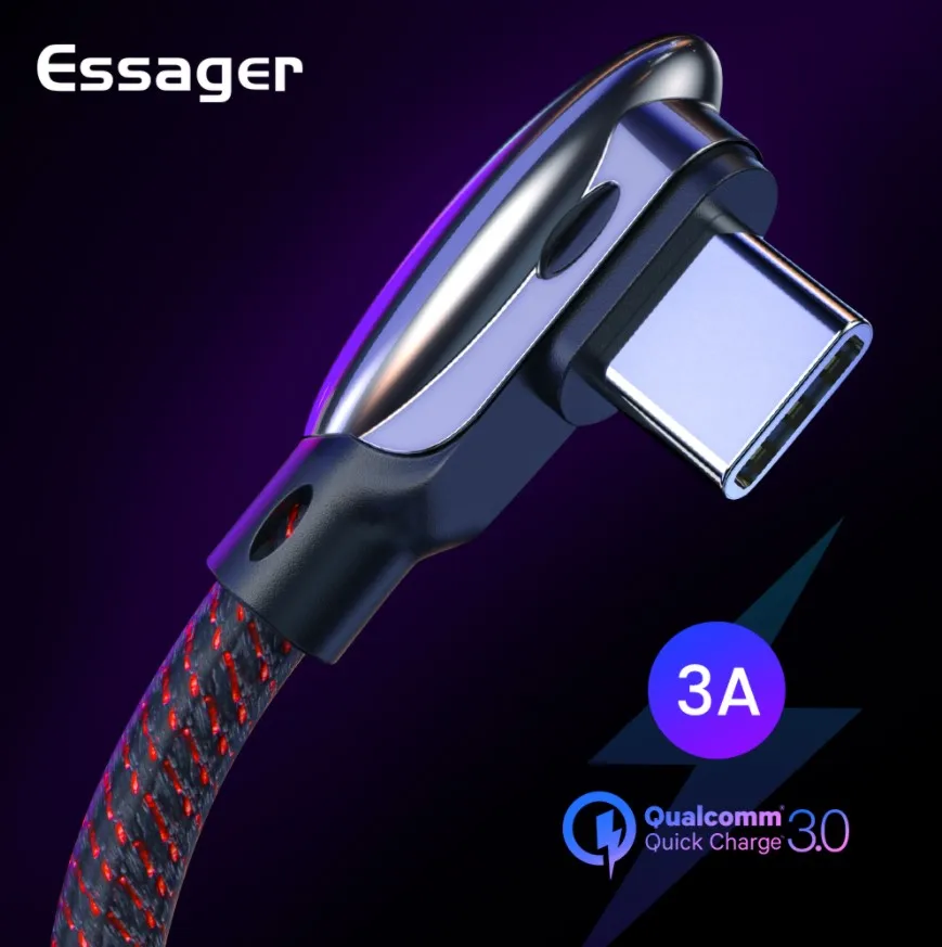 

Essager 90 Angle USB C 3A Type C Cable Fast Charge For Samsung S9 Note9 Cord USBC For Xiaomi Huawei P20 Mate 20 pro One Plus 6 5