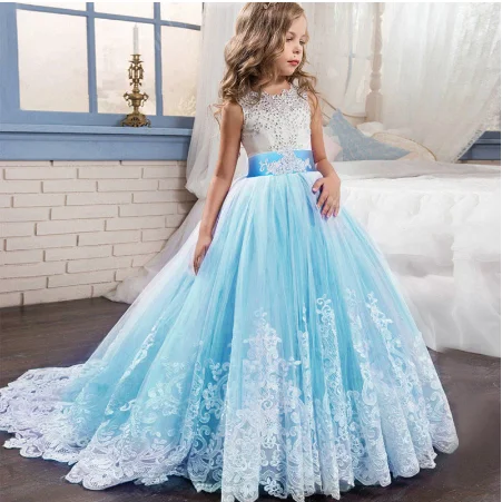 

Embroidery design Kids Ball Gown Fancy Princess Birthday Party Frock Lace appliques Flower bow costume LP-231