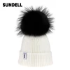 Custom Detachable Large Multicoloured Real Fur Pompom Chunky Ribbed Acrylic Beanie Hat