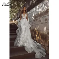 

Elegant mermaid wedding dress sleeveless V neck sexy design detachable train wedding gown beaded belt backless bridal dress