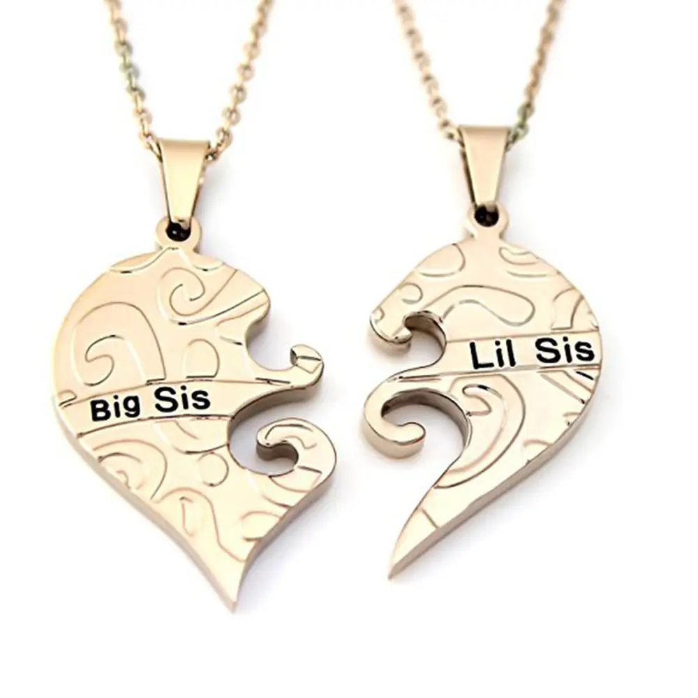 

Newest Stainless Steel Heart Shape Big Sis Lil Sis Sister Puzzle Pendant, Gold puzzle pendant