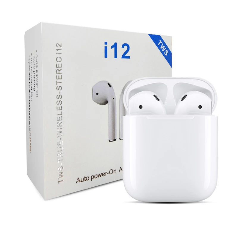 

Hot selling earbuds blue tooth 5.0 i12 earbuds deep bass headphone earbuds, White