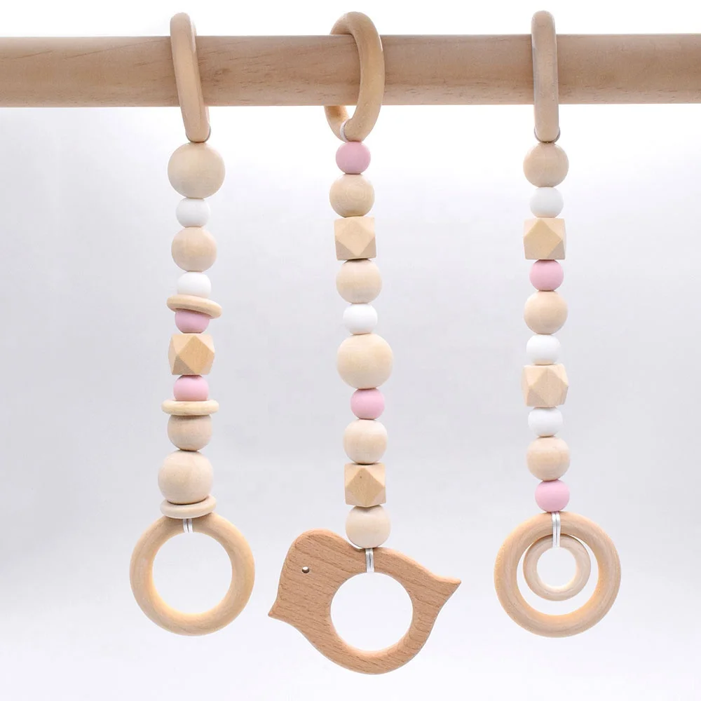 

Food Grade Silicone beads Teething Wooden Ring Bird Baby Teether Pram Toy