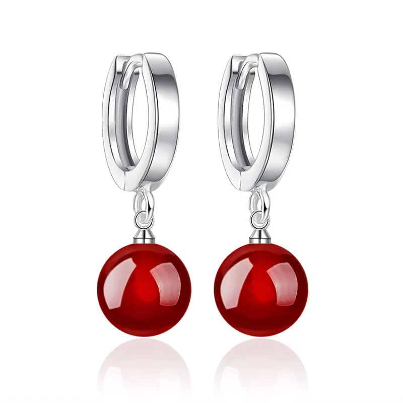 

Red, white, silver, black beads agate hoop earring for women, N/a