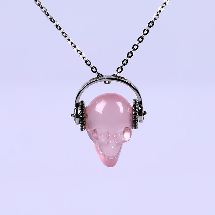 

Wholesale 925 Sterling Silver Chain Best Rose Quartz Necklace Skulls Inlay Natural Crystal Pendant, Clear