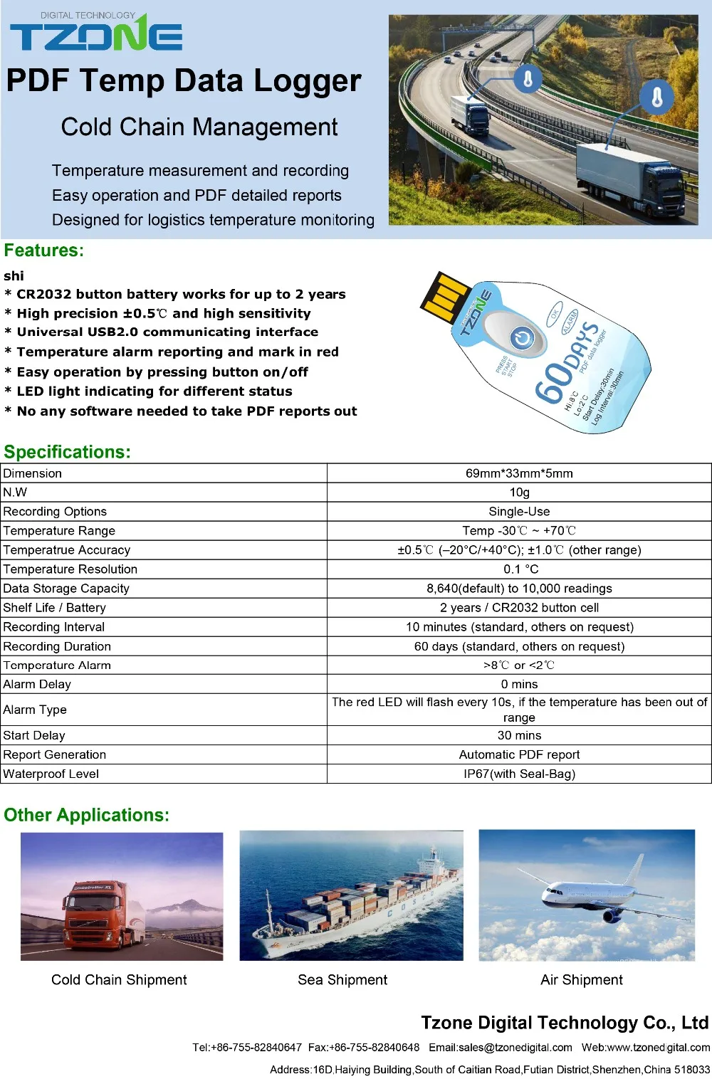 Tzone TempU02 CE/ROHS/EN12830 certified digital thermometer USB