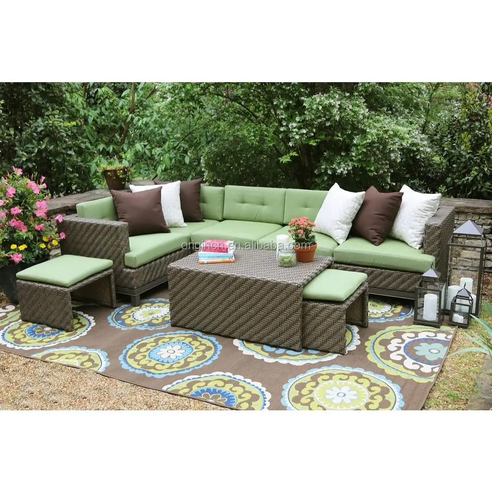 7 Seater Green Brown Color Combination Garden Set With Hidden 7 Seater Green Brown Color Combination Garden Set With Hidden Cushioned Stools Rattan Outdoor Patio Furniture