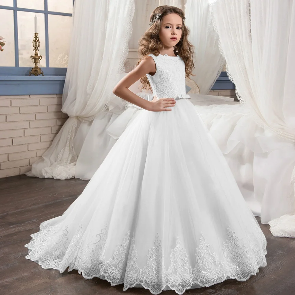 

Fashion Embroidery Lace Floral Belt Kids Girls Party Dress, 3 colors for choose