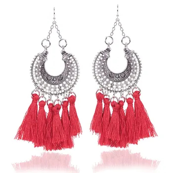 Bohemian Pom Tel Hoop Ethnic Earring Elegant Bohemian Pom Tel Hoop Ethnic Earring Elegant Dangle Style Long Thread Silk