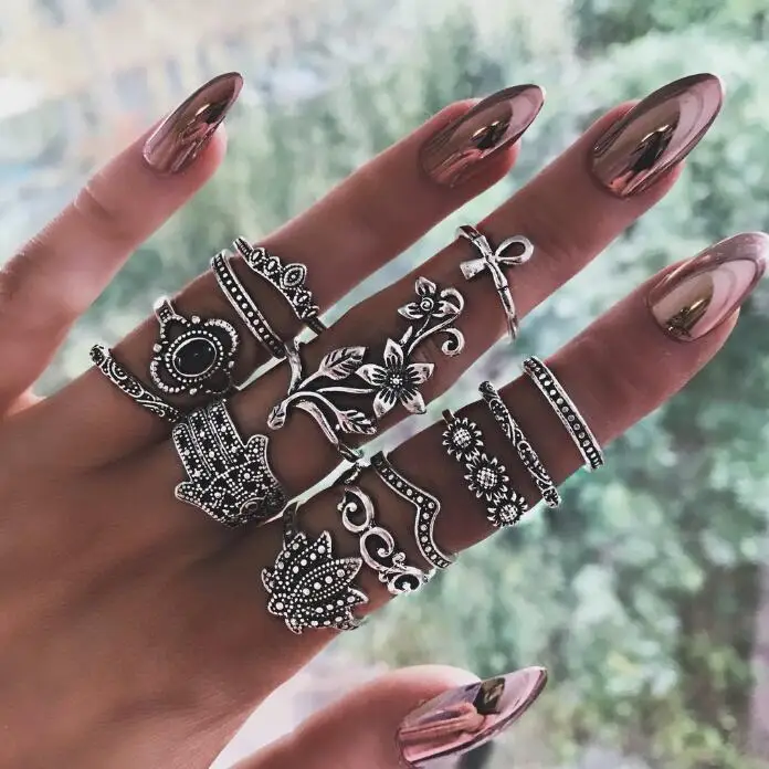 

12pc/set Vintage Silver Rings Set Black Rhinestone Flower Hamsa Knuckle Crown Finger Midi Rings Sets for Women (SK144), As picture