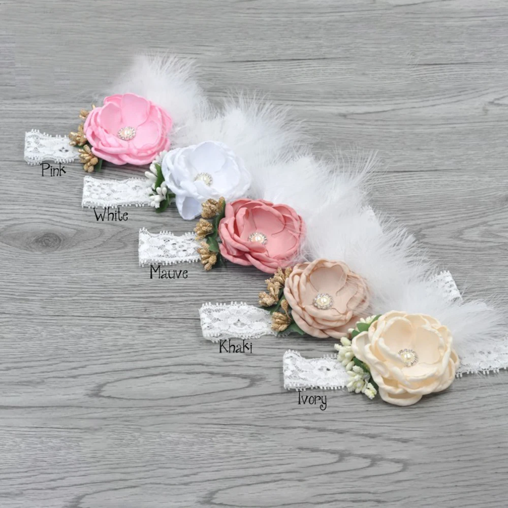 

Custom Beautiful Pearl Flower Elastic Lace Head Bands Baby Layered Satin Flower Headband With Feather, Picture