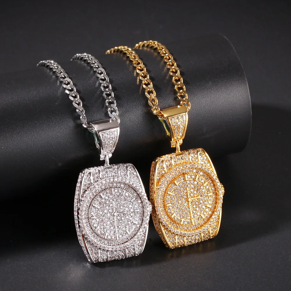 

Iced out CZ Cubic Zirconium full paved newest fashion bling Watch style pendant necklace Dial watch Pendant necklace hip hop, Gold, silver