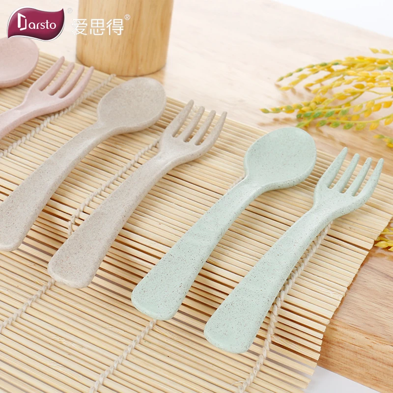 

Eco Friendly Tableware Kids Feeding Set Wheat Straw Fiber Baby Spoons and Fork
