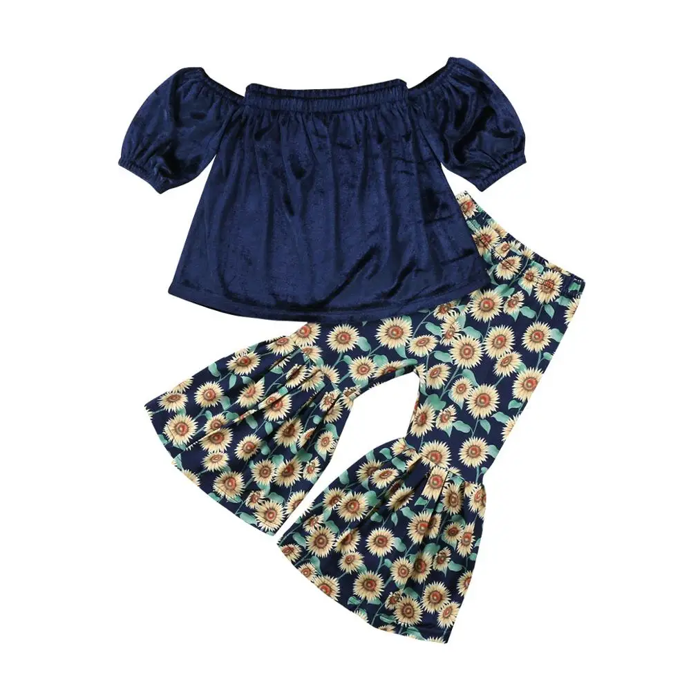

wholesales toddler girl fall clothing Tube Top clothes Sunflower Wide Leg Pants Two-Piece Set, Blue girl cloth