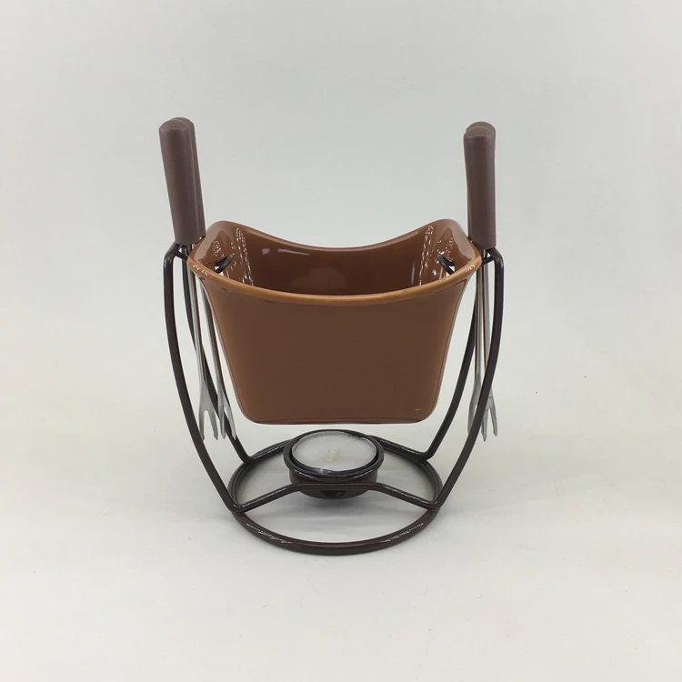 Glazed safety personalized ceramic cheap mini cheese fondue pots choclate fondue set with dippers