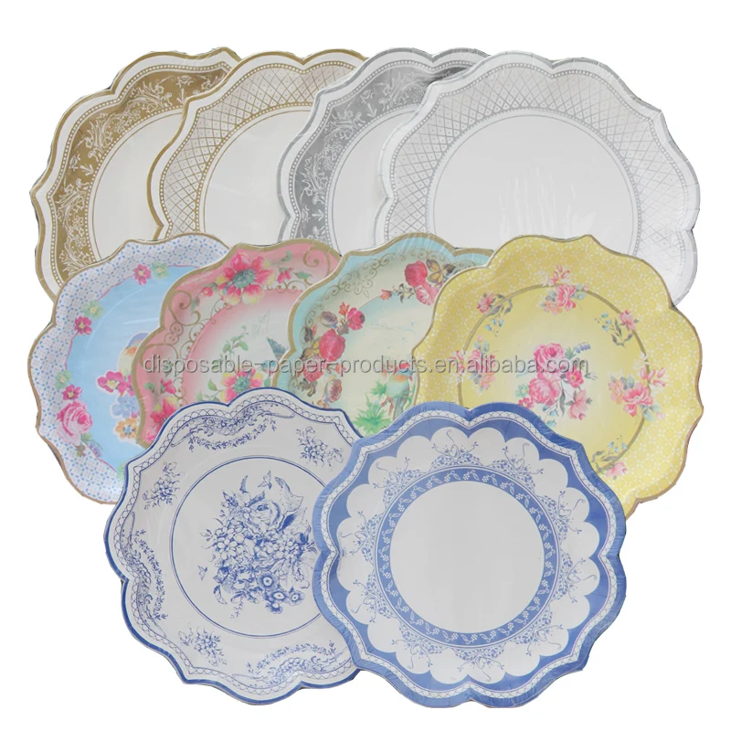 

120packs 10 Colors Retro Paper Plates Party Decoration Supplies Vintage Disposable Tableware Large Serving Plates, Gold, silver, blue, pink, yellow