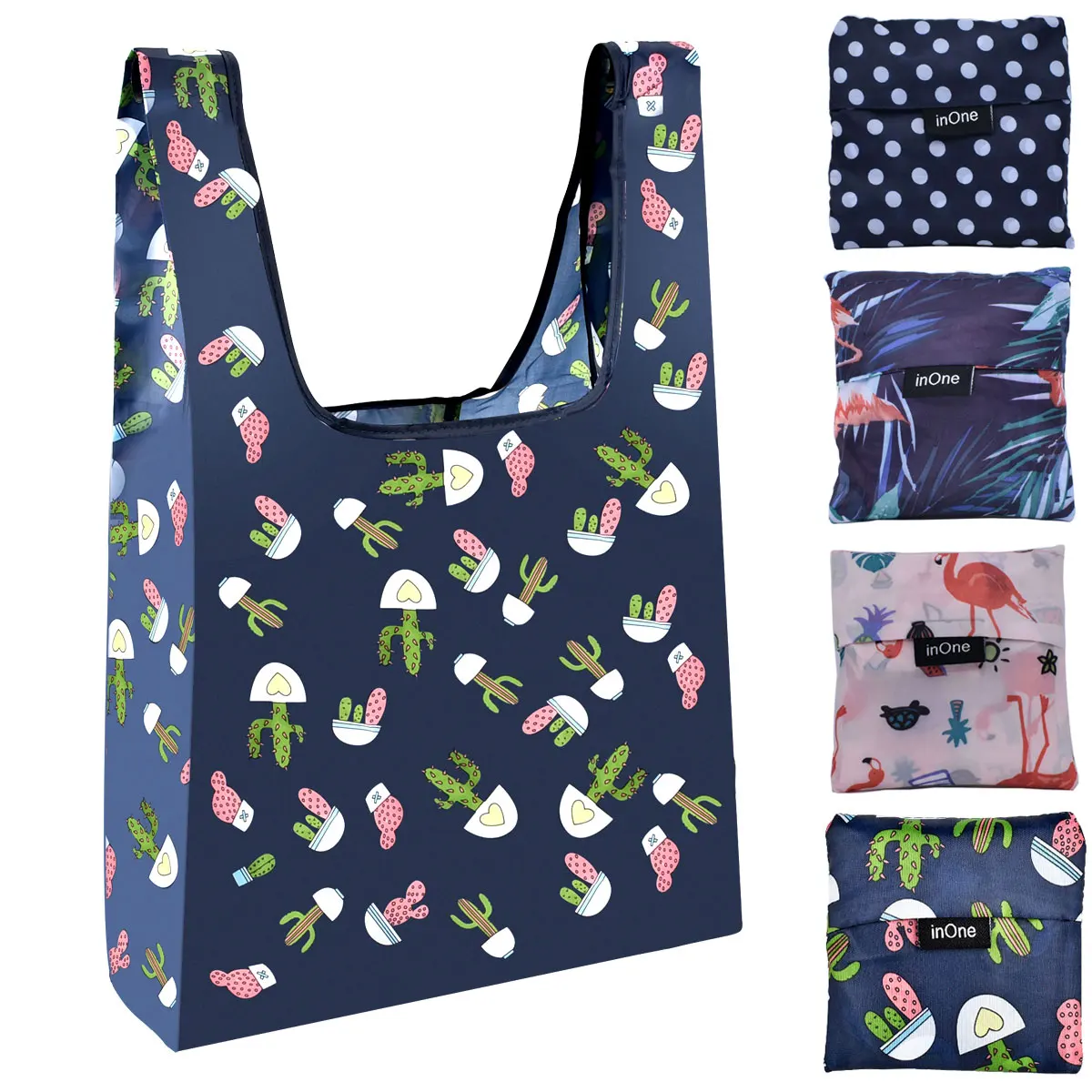 

flamingo cactus polka dots customize pattern polyester portable recyclable eco grocery reusable foldable nylon shopping bag, Multi