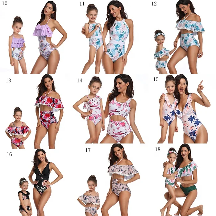 

Sw-008 2019 new fashion latest swimsuit for women and daughter mommy and me floral print ruffle swim suit wholesale, Black , white , red , aqua
