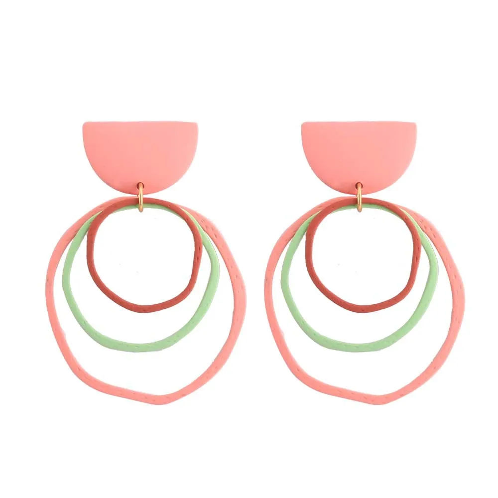 

Bohemian Half Round Pink Drop Earrings Jewelry 3 Circle Colorful Earrings (KER332), Same as the picture