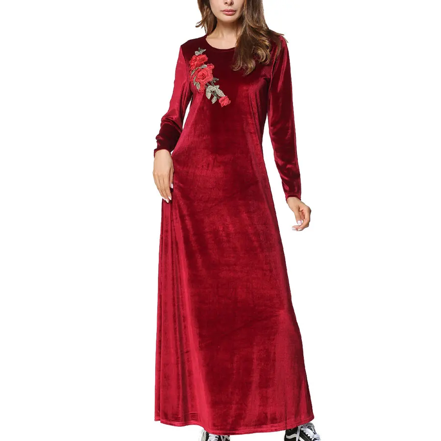 

80815-MX63 Rose appliqued long velvet fabric red fancy ladies dress