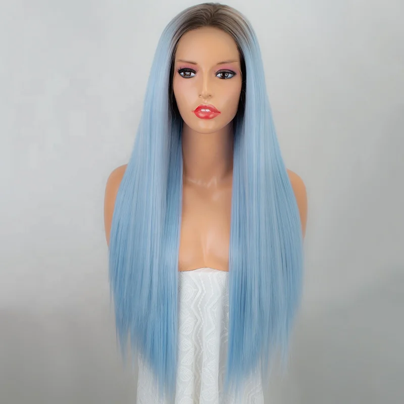 

Aliblisswig Long Straight Lace Wig Heat OK Fiber Hair Dark Roots Ombre Pastel Blue Synthetic Lace Front Wig