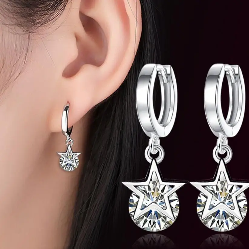 

Five-pointed star zircon hoop earrings white gold filled