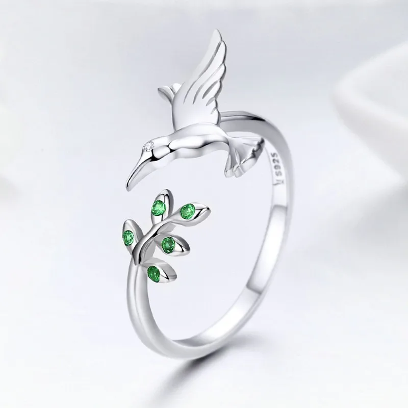 

New Arrival 925 Sterling Silver Bird Spring Tree Leaves Open Size Finger Rings