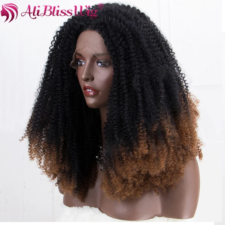 

Ali Bliss Wig Free Part Heat Resistant Fiber Two Tone Black Brown Ombre Kinky Curly Synthetic Lace Front Wigs for Fashion Women