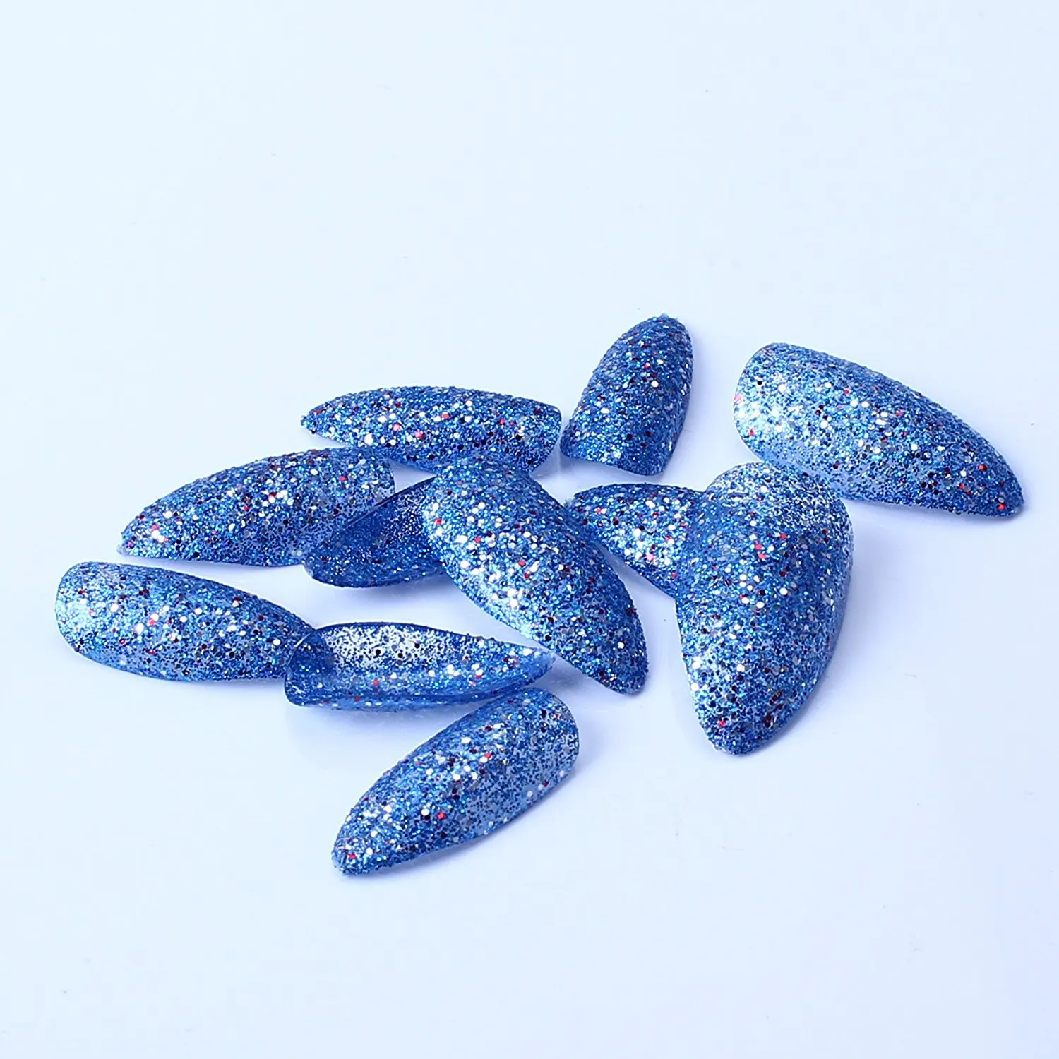 ECBASKET Sharp Ending Stiletto Pointed Acrylic False Nail Art Tips Salon Sea Blue 24 Pcs + glue