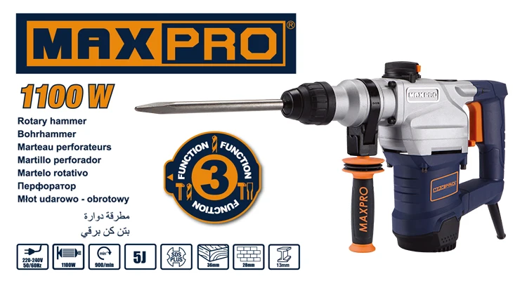 MAXPRO MPRH1100/28 High Quality 28MM 1100W Electric Rotary Hammer Drill SDS-Plus Three Function Drilling