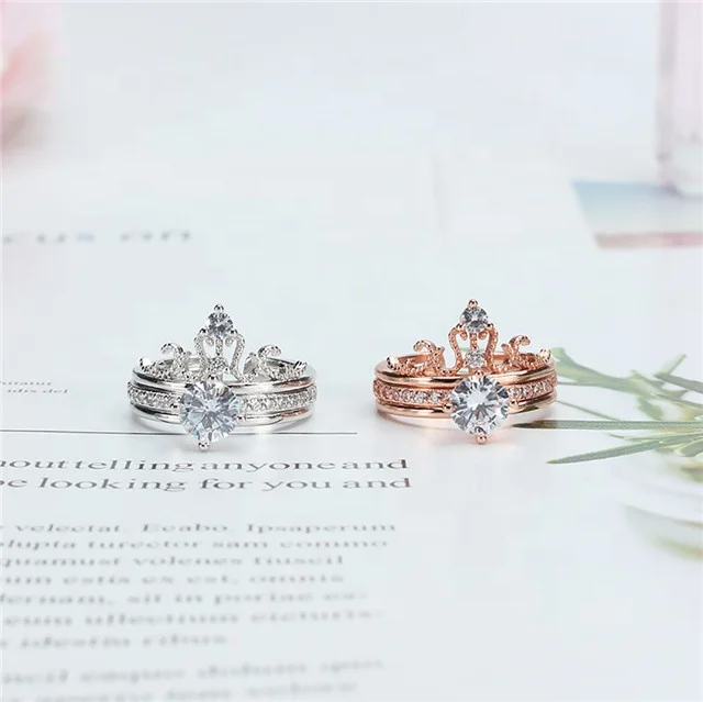 

Adjustable size Silver/Rose Gold-Color Crown Rings Set For Women Micro Paved Zirconia Rings Simple Vintage Jewelry Multi-layer