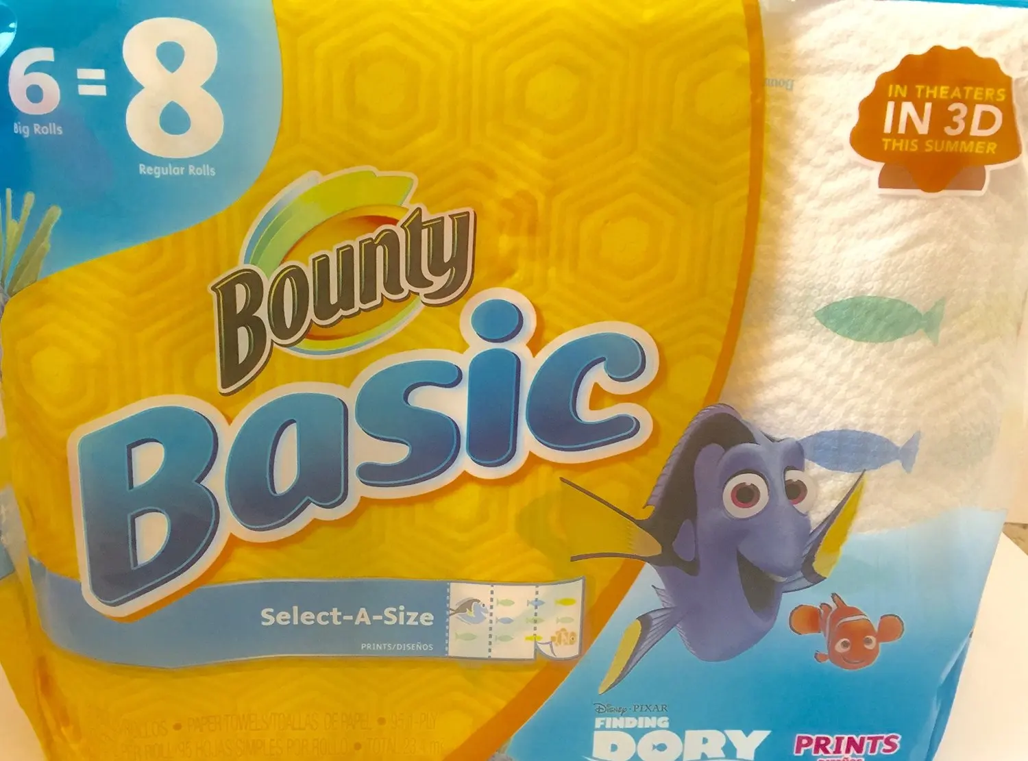 Bounty Basic Select-A-Size Paper Towels, Finding Dory Prints, 6 Big Rolls Equal to 8 Regular Rolls, 6 Count