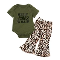 

RTS Kids Baby Little Girl 2PCS Clothing Set Green Letter Top And Leopard Pants Outfits Bell Design Pants Set