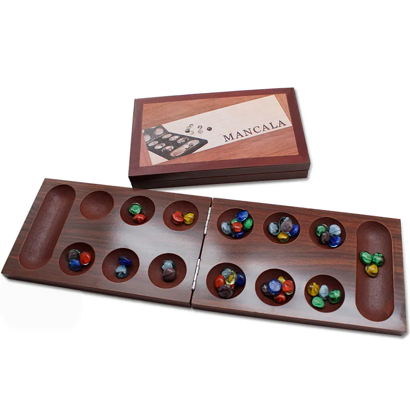 

Mancala Board Game Set with Dark Folding Wooden Board Beautiful Multi Color Glass Beads Africa checkers