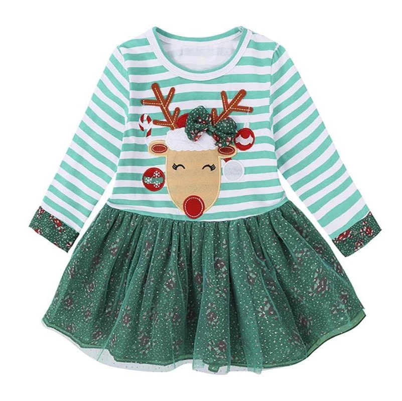 

2017 New Year Kids Christmas Princess Casual Embroidery Pattern Party Girls Dress Children Clothes Baby Girl Dresses, Stripe