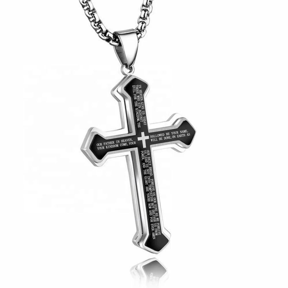 

MECYLIFE Necklace Type Jewelry Necklace Stainless Steel Bible Verse Engraved Religious Layered Men Cross Pendant Necklace, Same