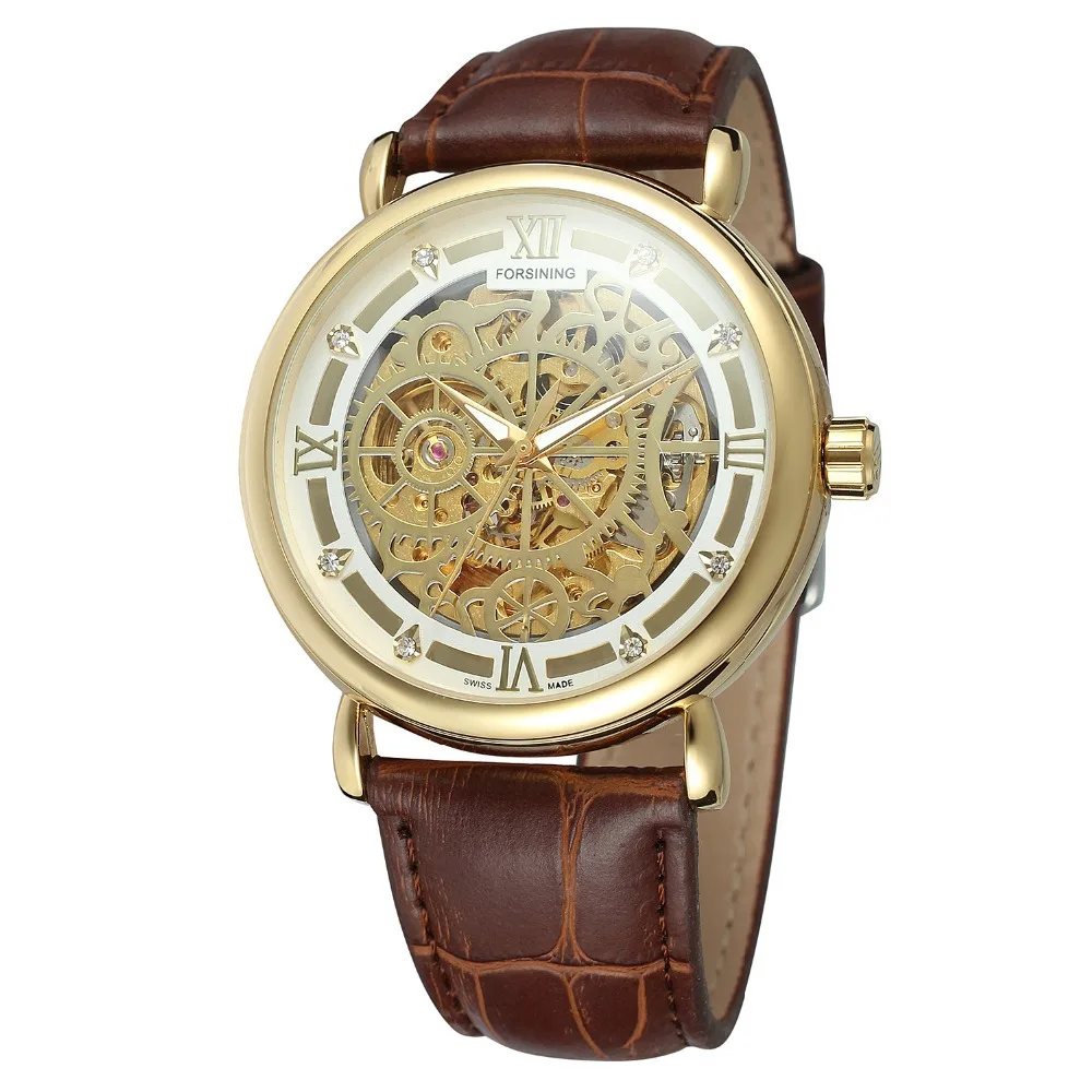 

FORSINING Brand Brown Real Leather Band Classical Fashion Diamond Roman Number Dial Man Skeleton Mechanical Wrist Watch
