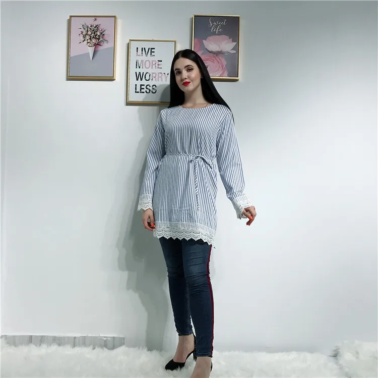 

2019 dubai fashion women tops with lace trim striped muslim women blouse, Blue