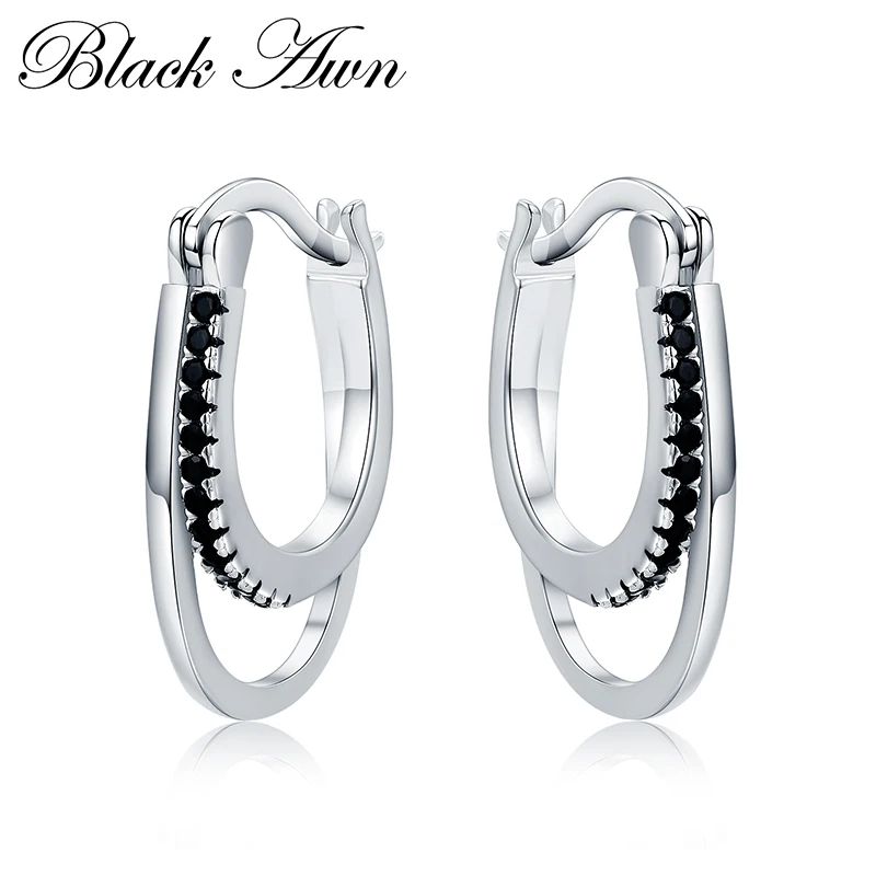 

[BLACK AWN] Vintage 3.8g 925 Sterling Silver Earrings Engagement Hoop Earrings for Women Black Spinel Fine Jewelry Bijoux I004