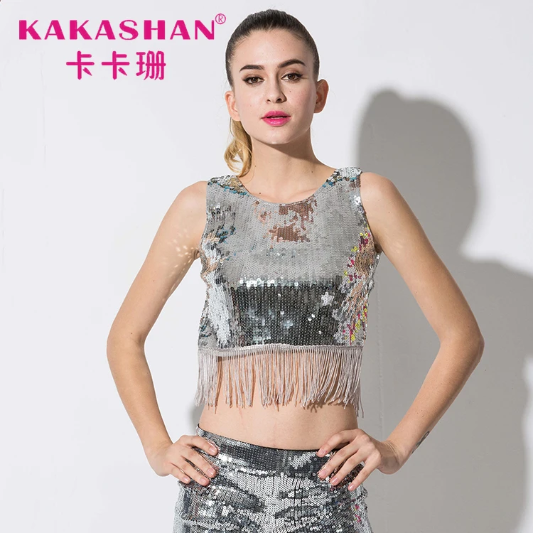 

Sexy Sleeveless Modern Women Tassel Crop Tops Dance Costumes, Glod /silver