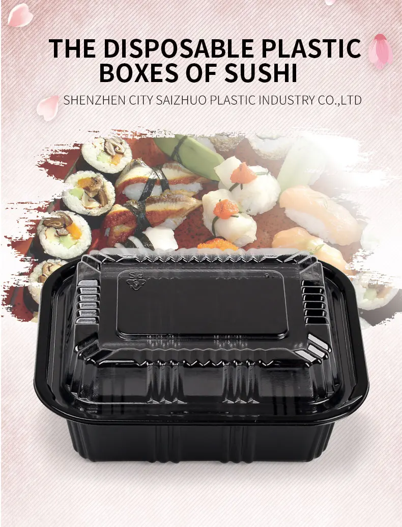 Eco friendly black plastic rectangle food container / disposable sushi box plastic storage box